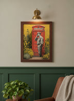Red. art print shown in a forest green walnut setting