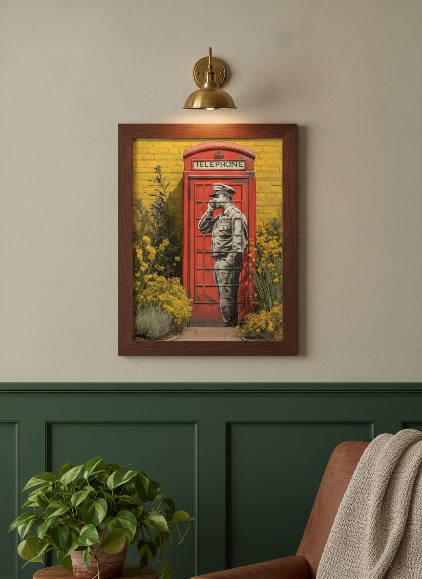 Red. art print shown in a forest green walnut setting