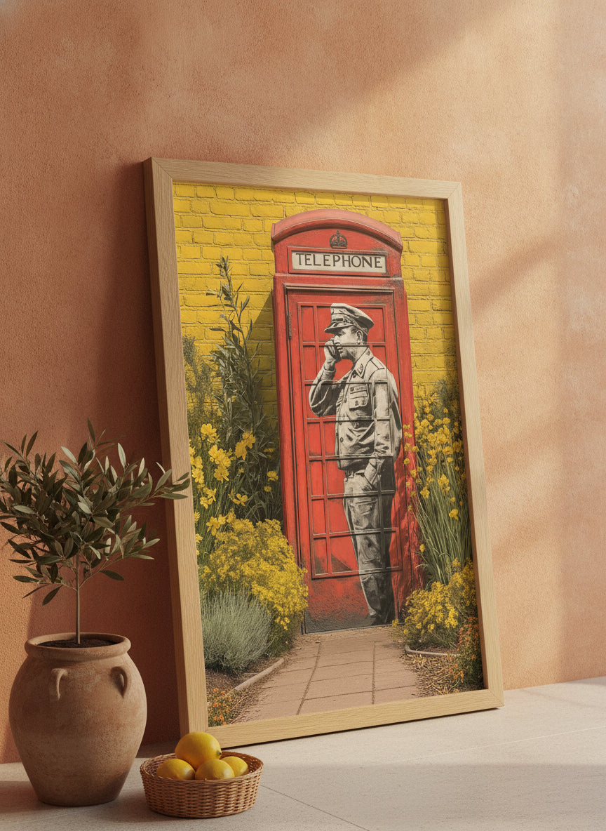 Red. art print shown in a terracotta rustic setting