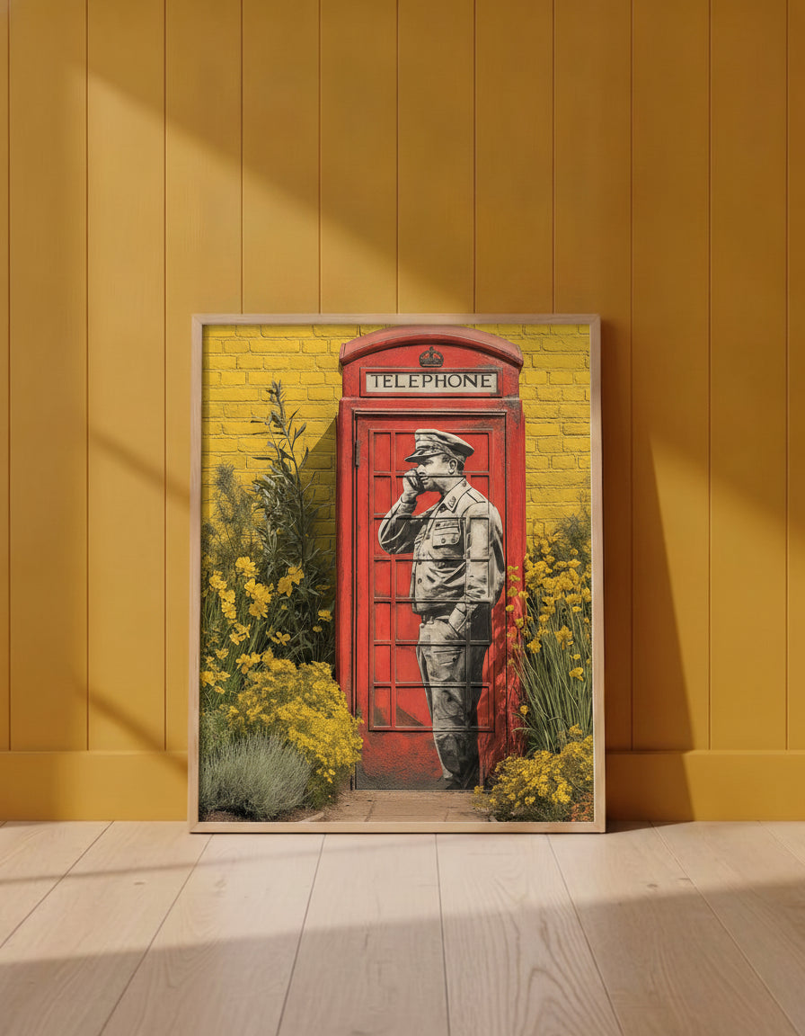 Red. art print shown in a yellow wall setting