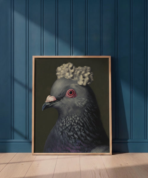 Aristocratic Pigeon Portrait Art art print shown in a blue 1 setting