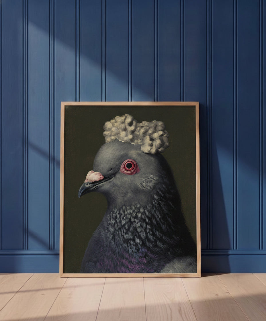 Aristocratic Pigeon Portrait Art art print shown in a blue wall paneled setting