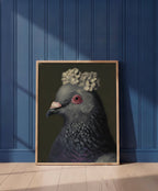 Aristocratic Pigeon Portrait Art art print shown in a blue wall paneled setting