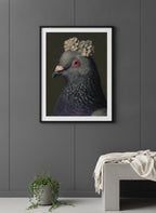 Aristocratic Pigeon Portrait Art art print shown in a charcoal minimal black setting