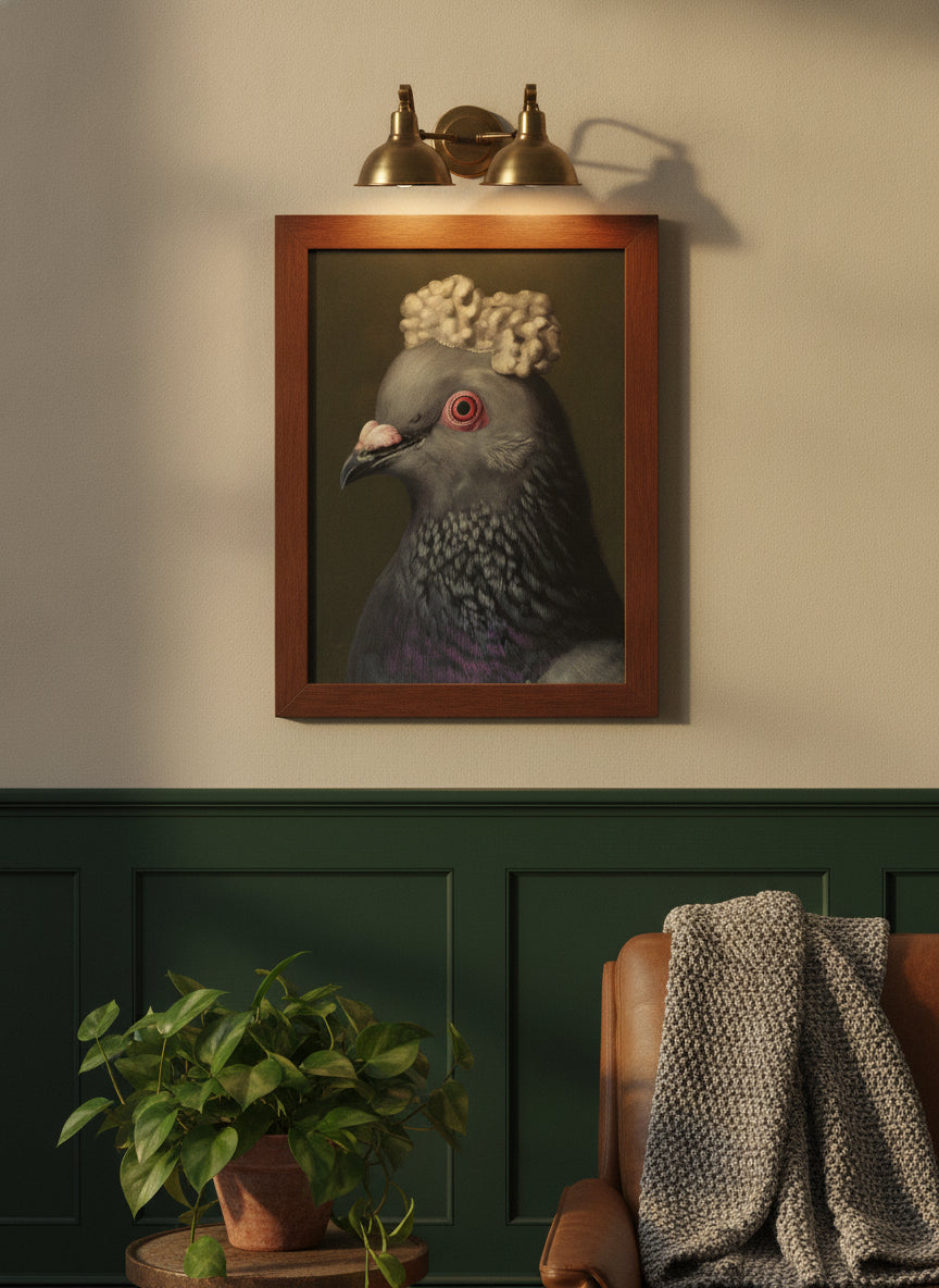 Aristocratic Pigeon Portrait Art art print shown in a forest green walnut setting
