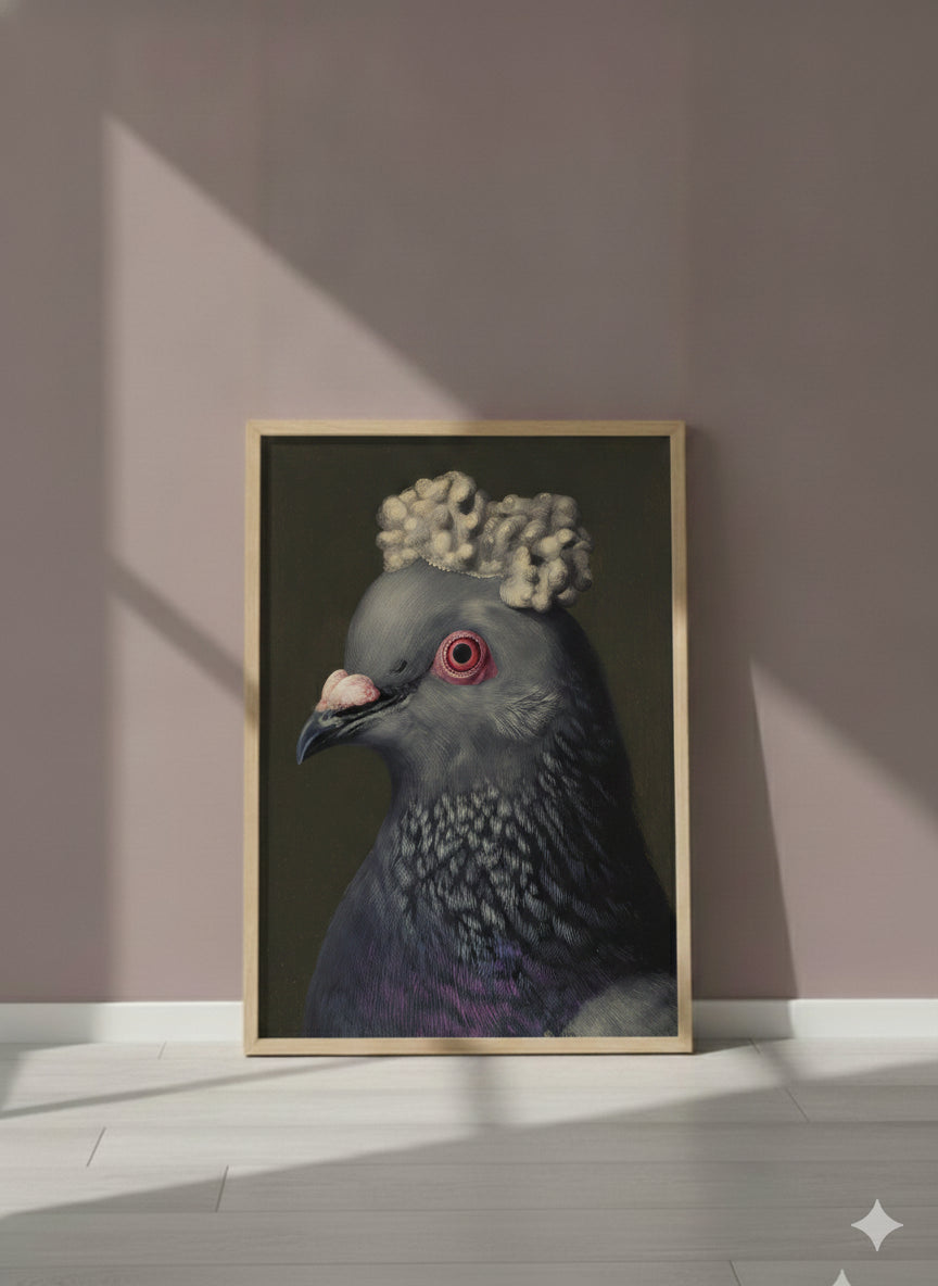Aristocratic Pigeon Portrait Art art print shown in a purple setting