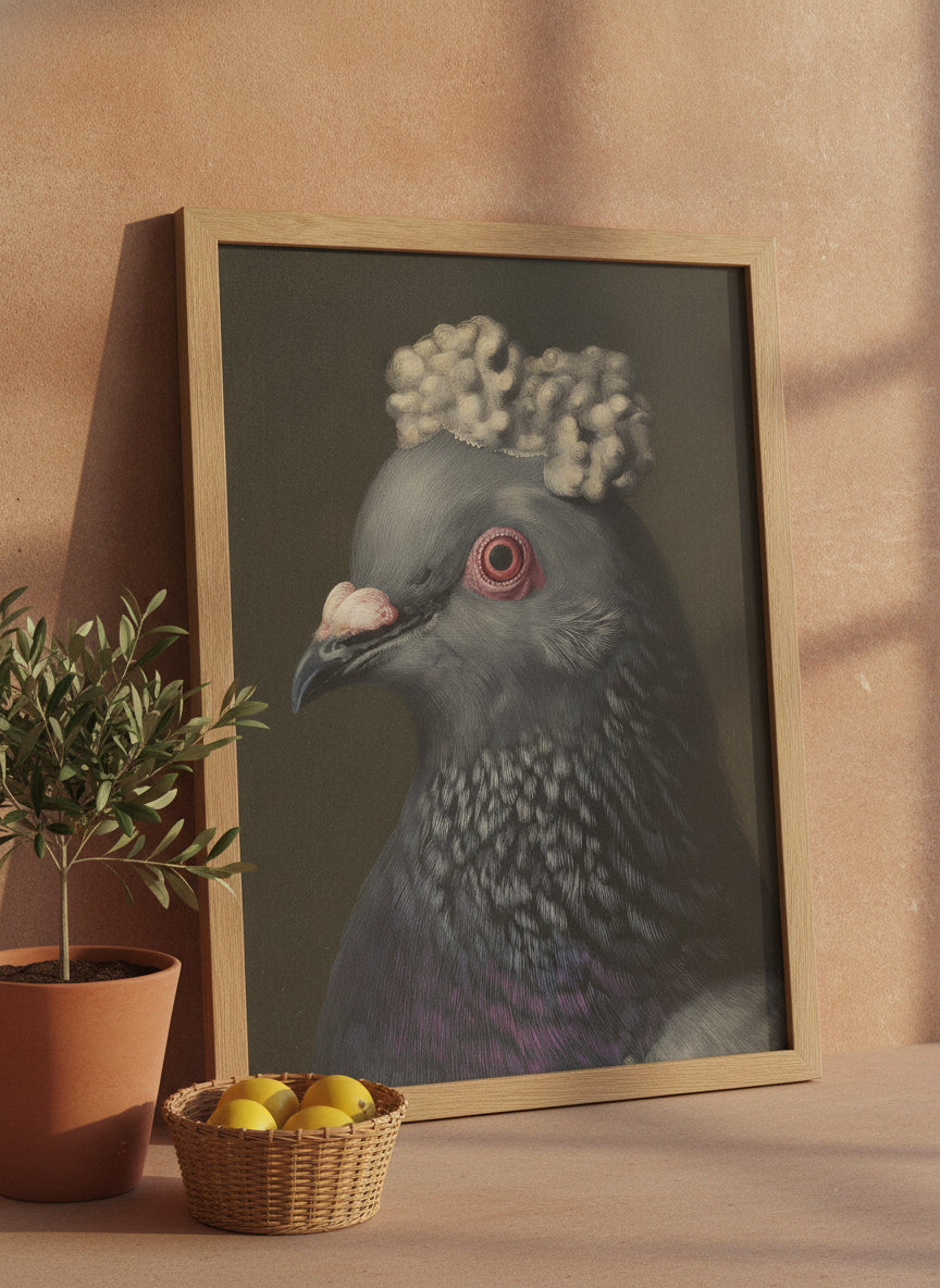 Aristocratic Pigeon Portrait Art art print shown in a terracotta rustic setting