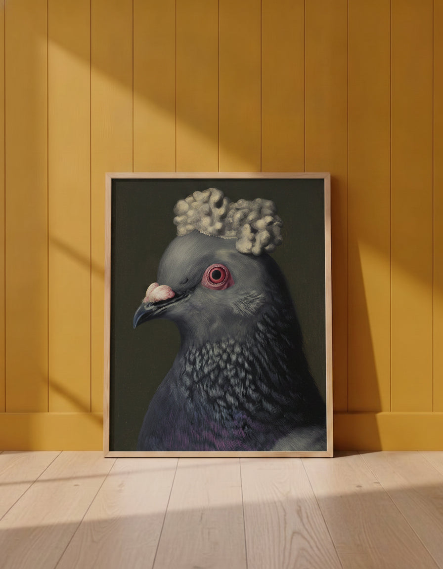 Aristocratic Pigeon Portrait Art art print shown in a yellow wall setting