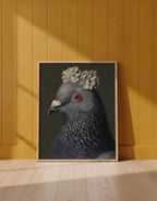 Aristocratic Pigeon Portrait Art art print shown in a yellow wall setting