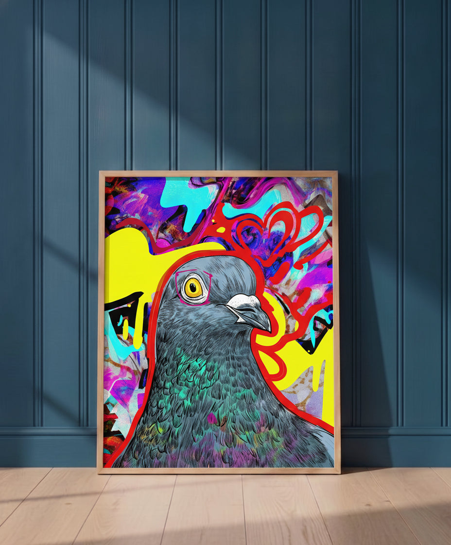 Psychedelic Pigeon Pop Art art print shown in a blue 1 setting