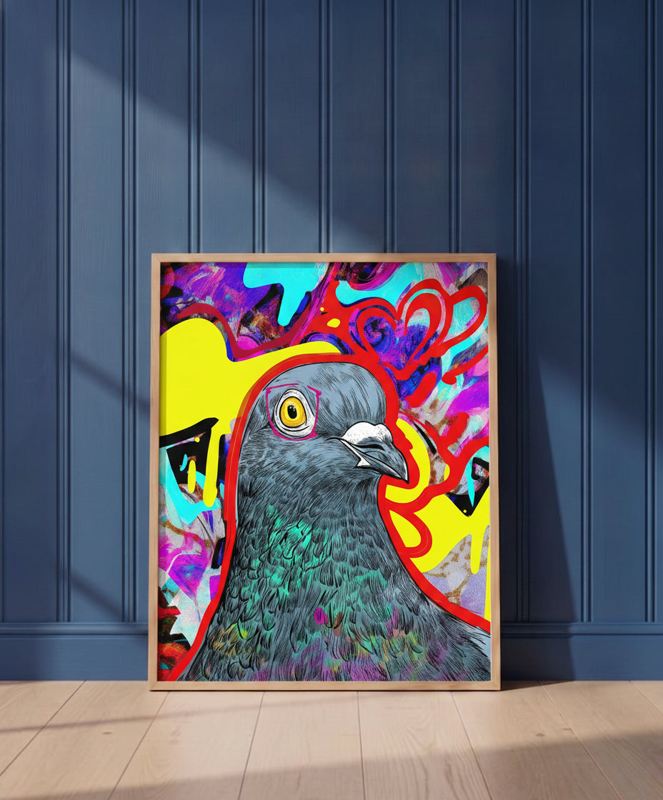 Psychedelic Pigeon Pop Art art print shown in a blue wall paneled setting