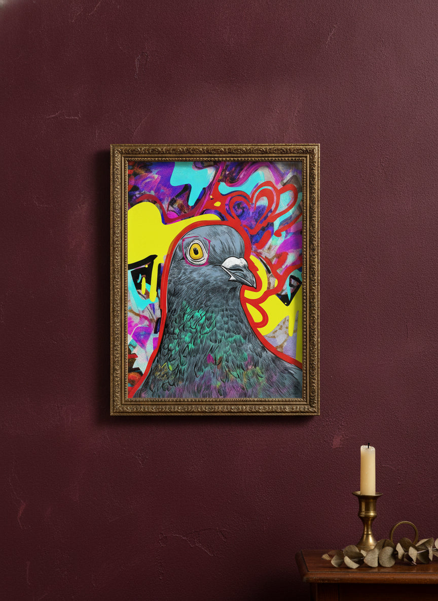 Psychedelic Pigeon Pop Art art print shown in a burgundy brass setting