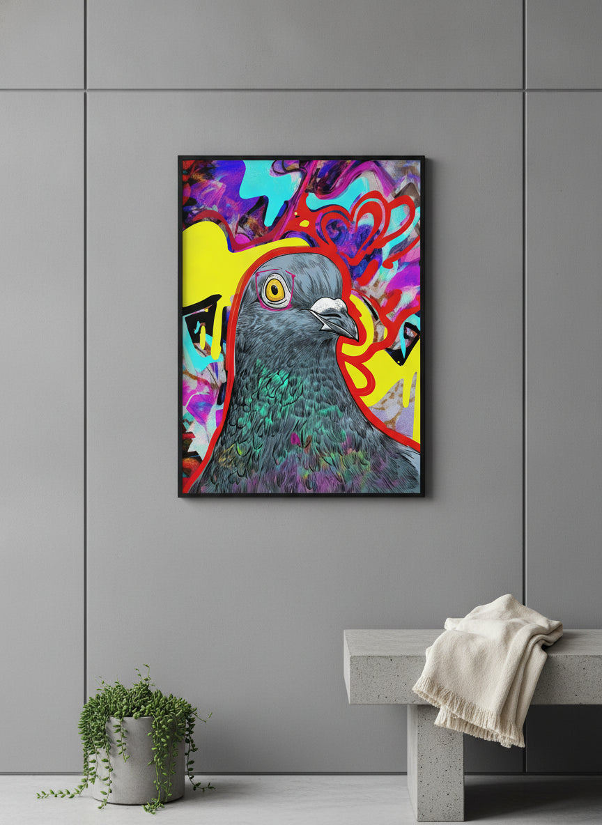 Psychedelic Pigeon Pop Art art print shown in a charcoal minimal black setting