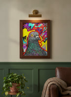 Psychedelic Pigeon Pop Art art print shown in a forest green walnut setting