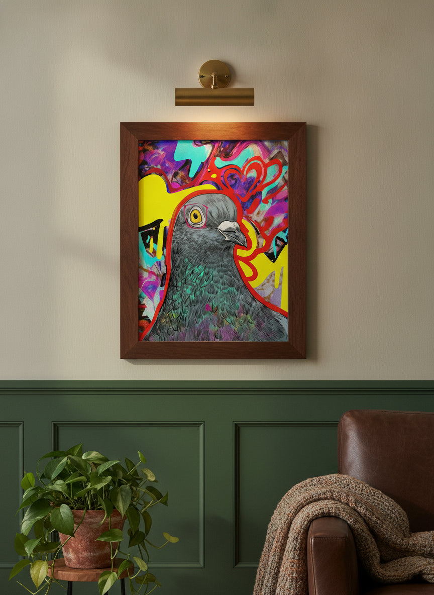 Psychedelic Pigeon Pop Art art print shown in a forest green walnut setting