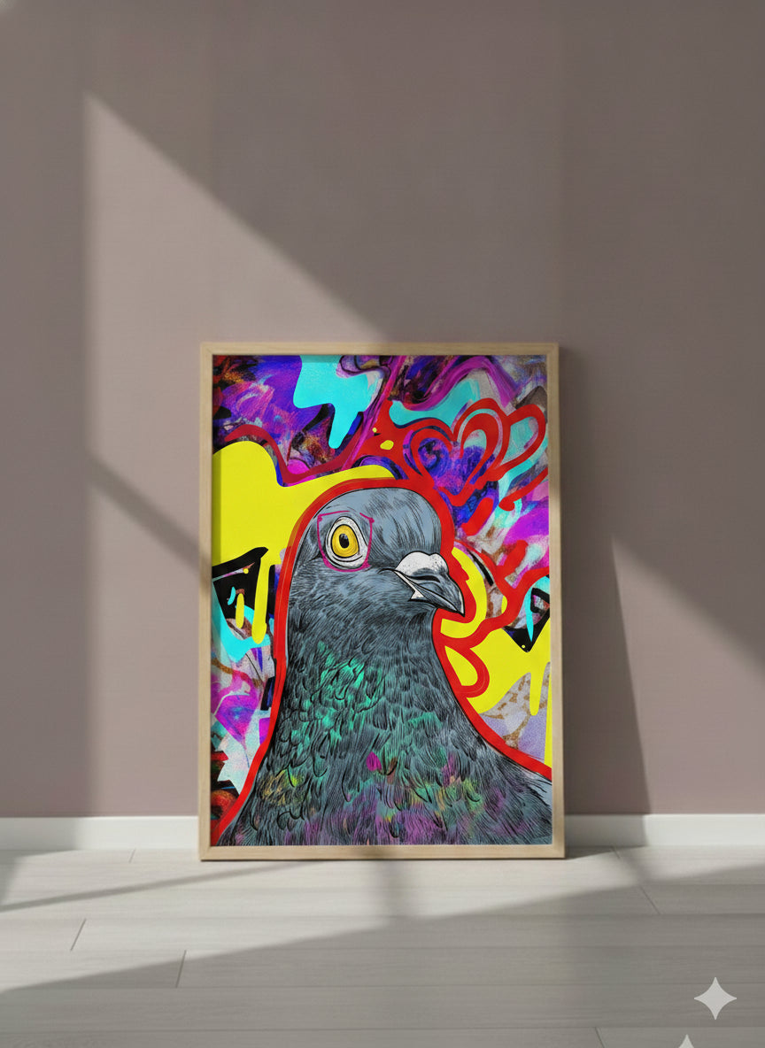 Psychedelic Pigeon Pop Art art print shown in a purple setting