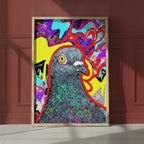 Psychedelic Pigeon Pop Art art print shown in a red setting