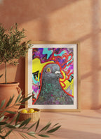 Psychedelic Pigeon Pop Art art print shown in a terracotta rustic setting