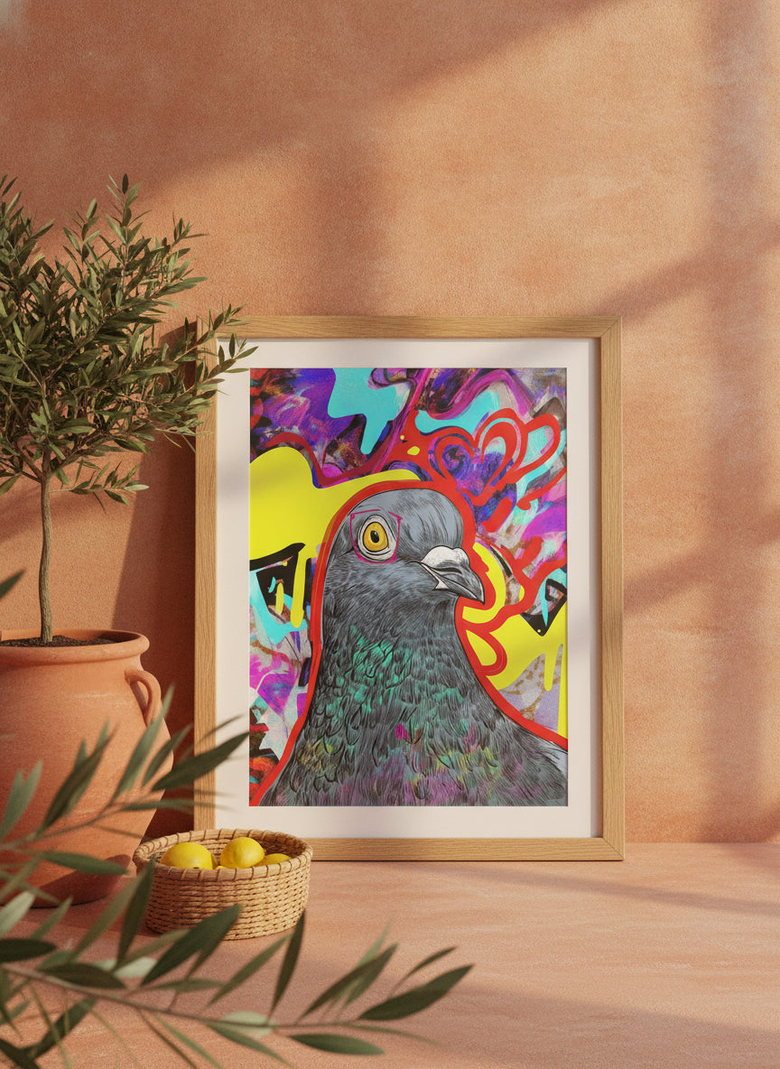 Psychedelic Pigeon Pop Art art print shown in a terracotta rustic setting