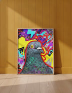 Psychedelic Pigeon Pop Art art print shown in a yellow wall setting