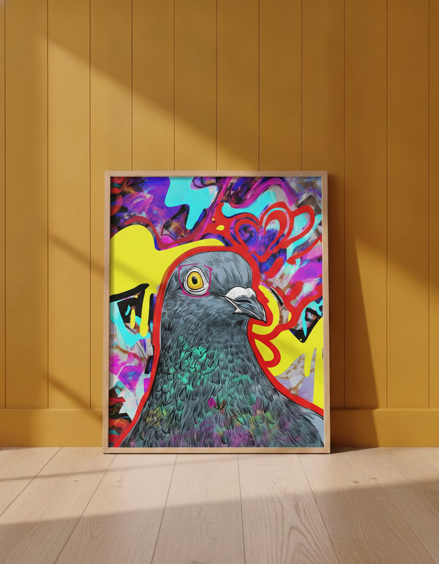 Psychedelic Pigeon Pop Art art print shown in a yellow wall setting