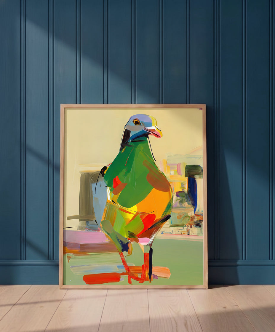 Cubist Pigeon Abstract Art art print shown in a blue 1 setting