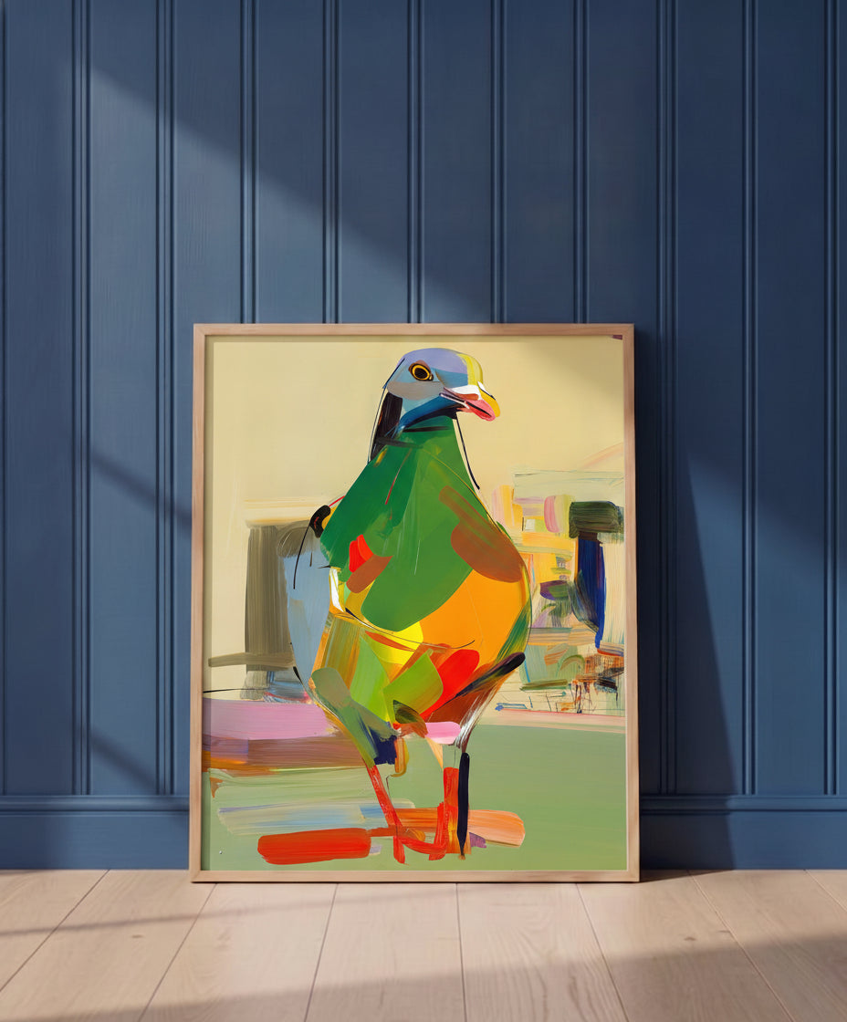 Cubist Pigeon Abstract Art art print shown in a blue wall paneled setting