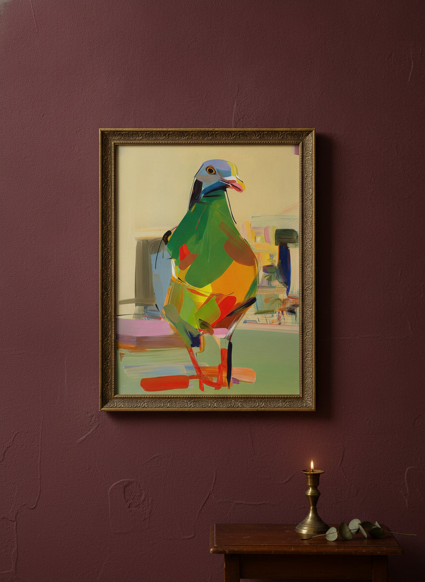 Cubist Pigeon Abstract Art art print shown in a burgundy brass setting