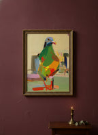 Cubist Pigeon Abstract Art art print shown in a burgundy brass setting