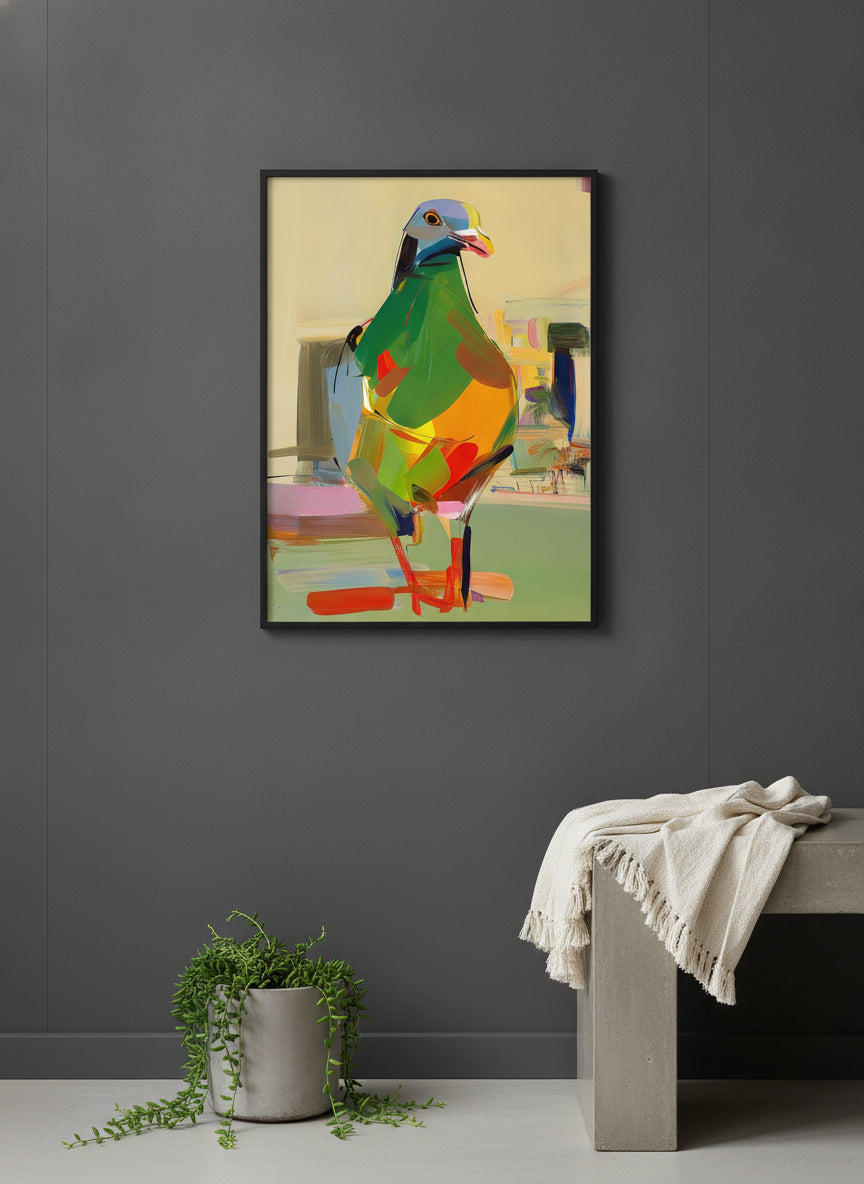 Cubist Pigeon Abstract Art art print shown in a charcoal minimal black setting