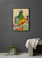Cubist Pigeon Abstract Art art print shown in a charcoal minimal black setting