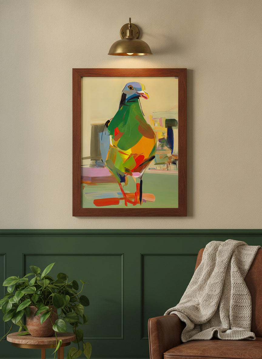 Cubist Pigeon Abstract Art art print shown in a forest green walnut setting