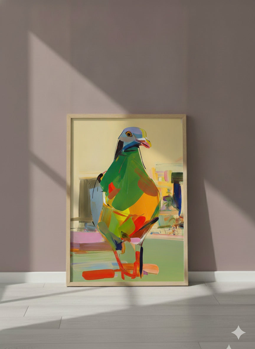 Cubist Pigeon Abstract Art art print shown in a purple setting