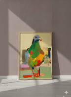 Cubist Pigeon Abstract Art art print shown in a purple setting