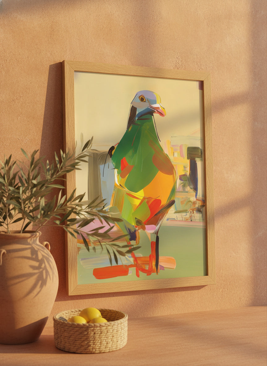 Cubist Pigeon Abstract Art art print shown in a terracotta rustic setting