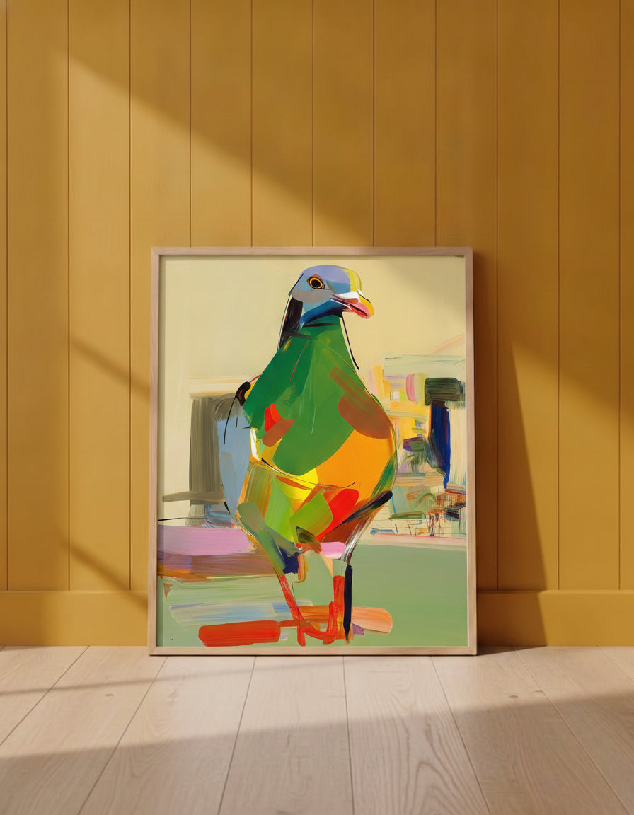 Cubist Pigeon Abstract Art art print shown in a yellow wall setting