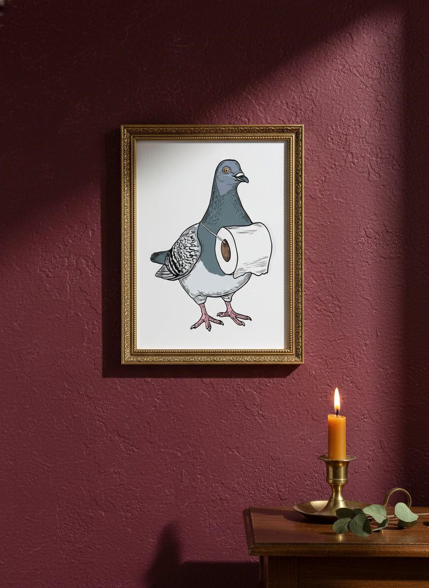 Whimsical Pigeon Lineup Art art print shown in a burgundy brass setting