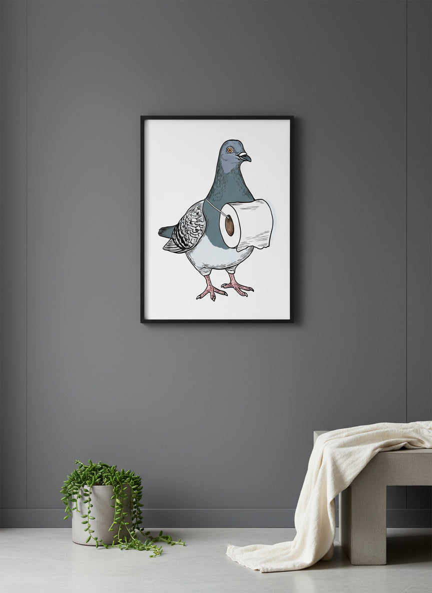 Whimsical Pigeon Lineup Art art print shown in a charcoal minimal black setting