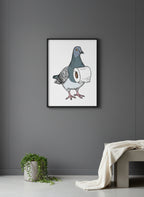Whimsical Pigeon Lineup Art art print shown in a charcoal minimal black setting