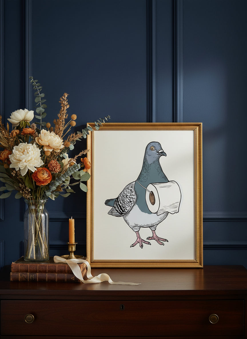 Whimsical Pigeon Lineup Art art print shown in a dresser dried florals setting