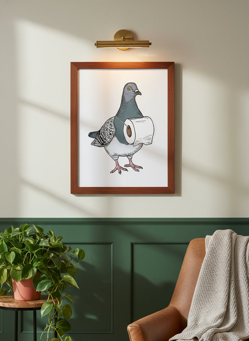 Whimsical Pigeon Lineup Art art print shown in a forest green walnut setting