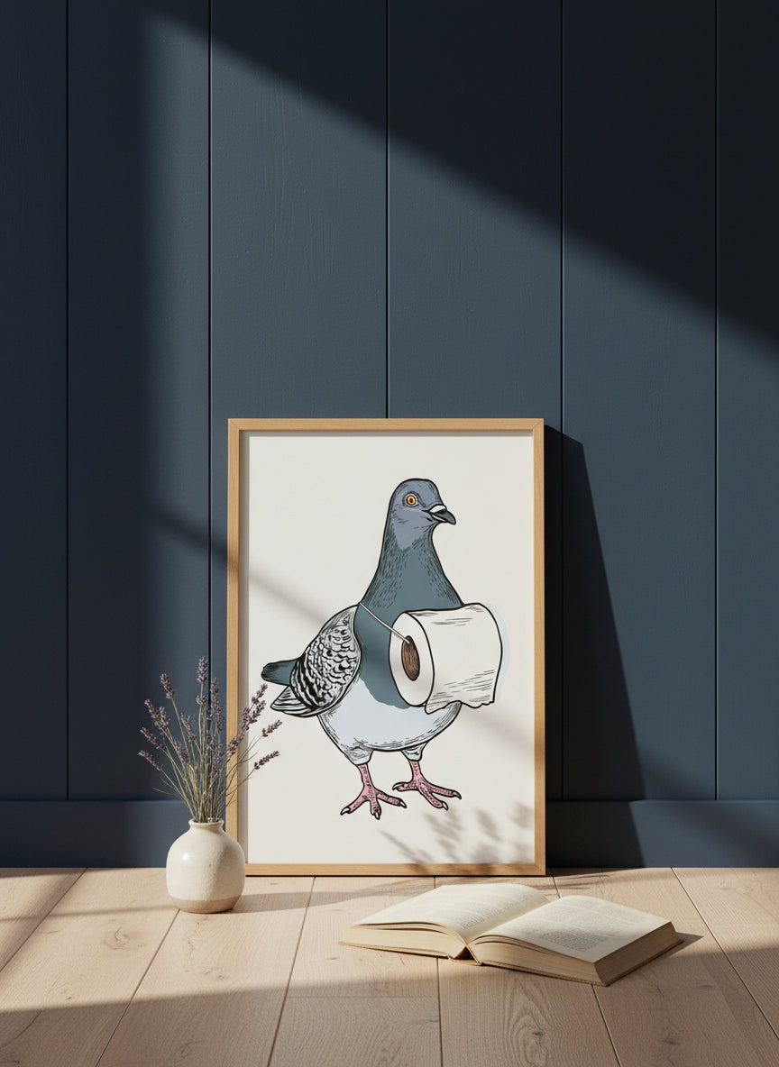 Whimsical Pigeon Lineup Art art print shown in a navy paneled oak setting