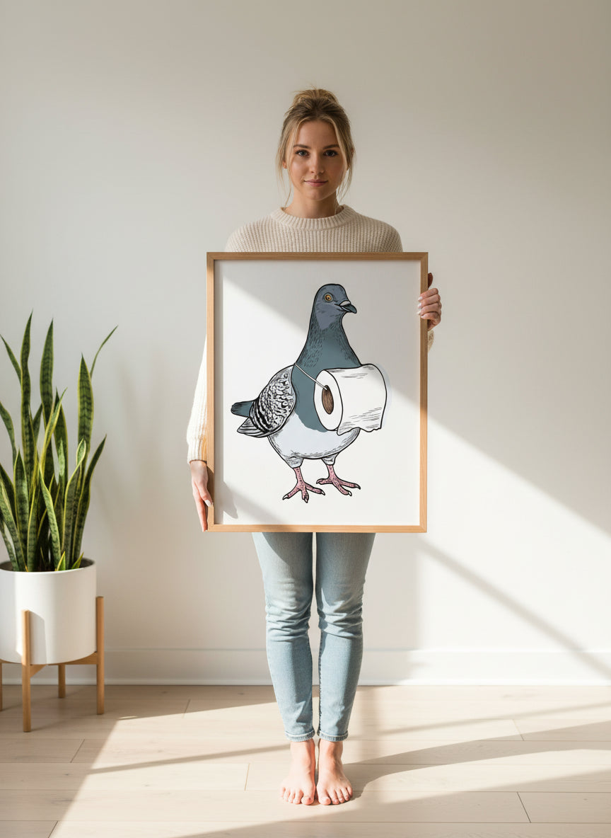 Whimsical Pigeon Lineup Art art print shown in a person holding bright setting