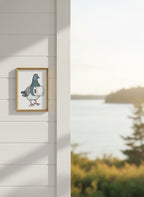 Whimsical Pigeon Lineup Art art print shown in a shiplap blurred view setting