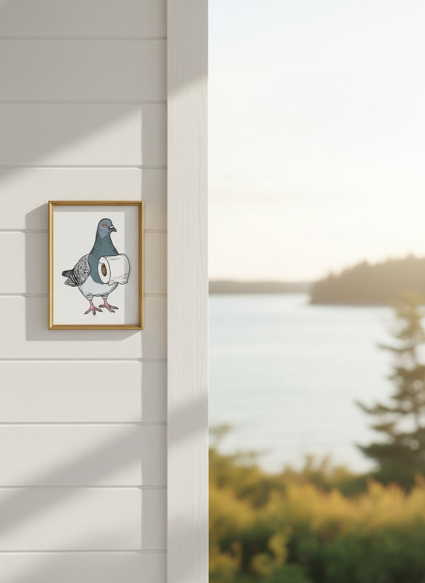 Whimsical Pigeon Lineup Art art print shown in a shiplap blurred view setting