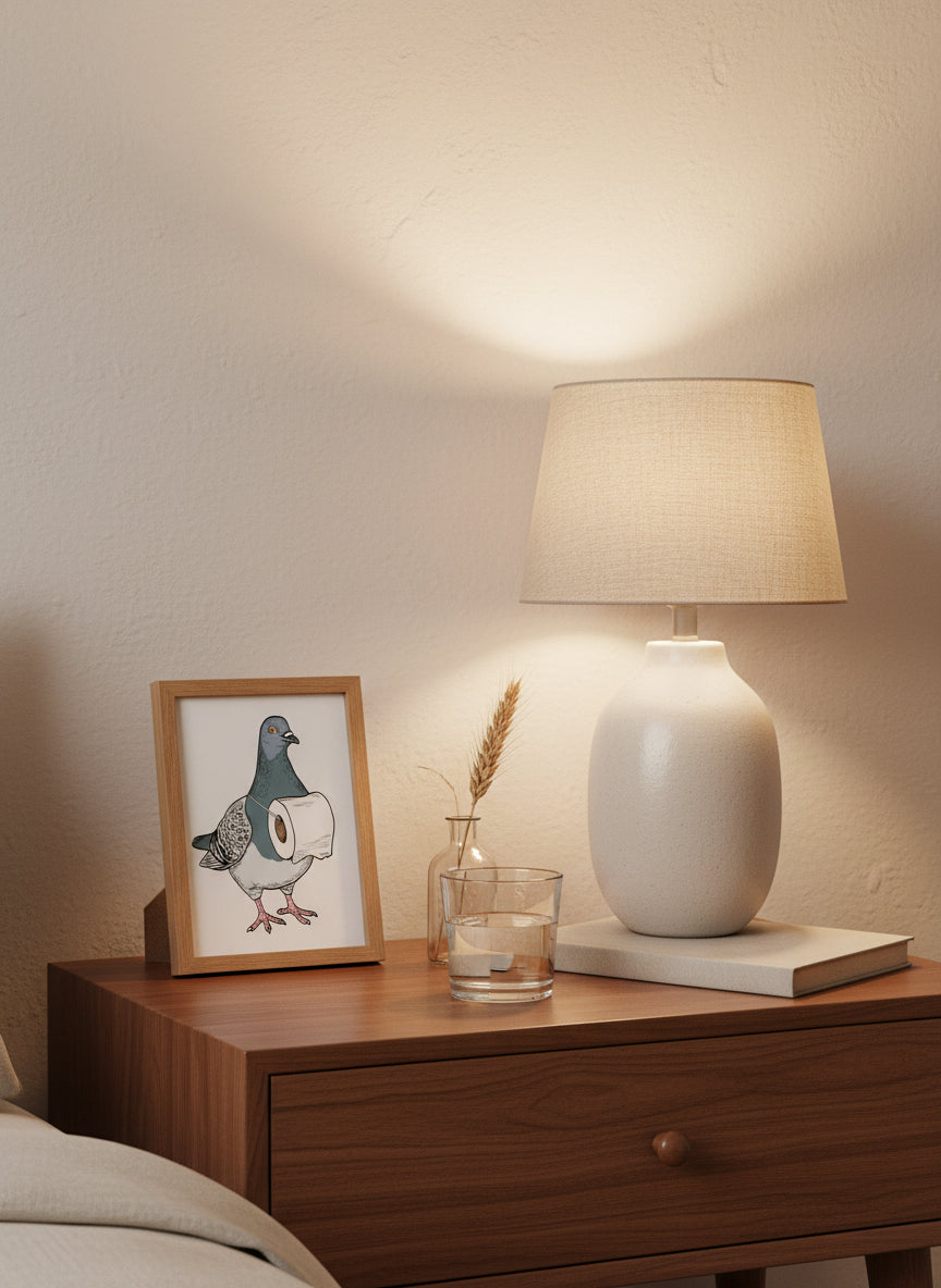 Whimsical Pigeon Lineup Art art print shown in a small bedside oak setting