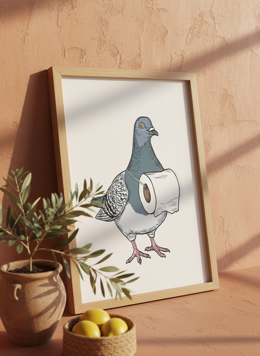 Whimsical Pigeon Lineup Art art print shown in a terracotta rustic setting
