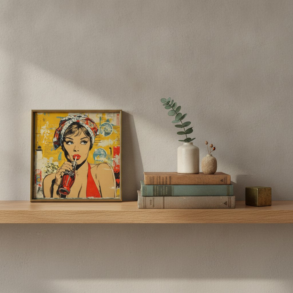 Retro Cola Pop Art art print shown in a small bookshelf brass setting