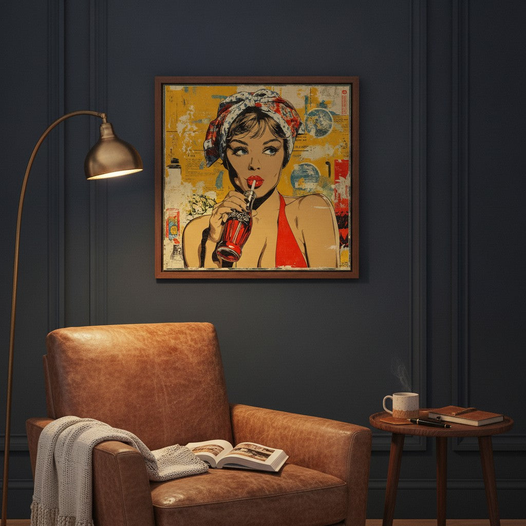 Retro Cola Pop Art art print shown in a square armchair navy setting