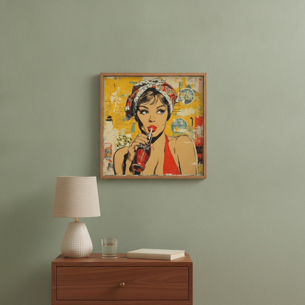 Retro Cola Pop Art art print shown in a square bedside oak setting